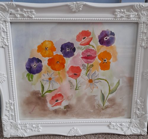 Pauline, garden pansies, watercolour.